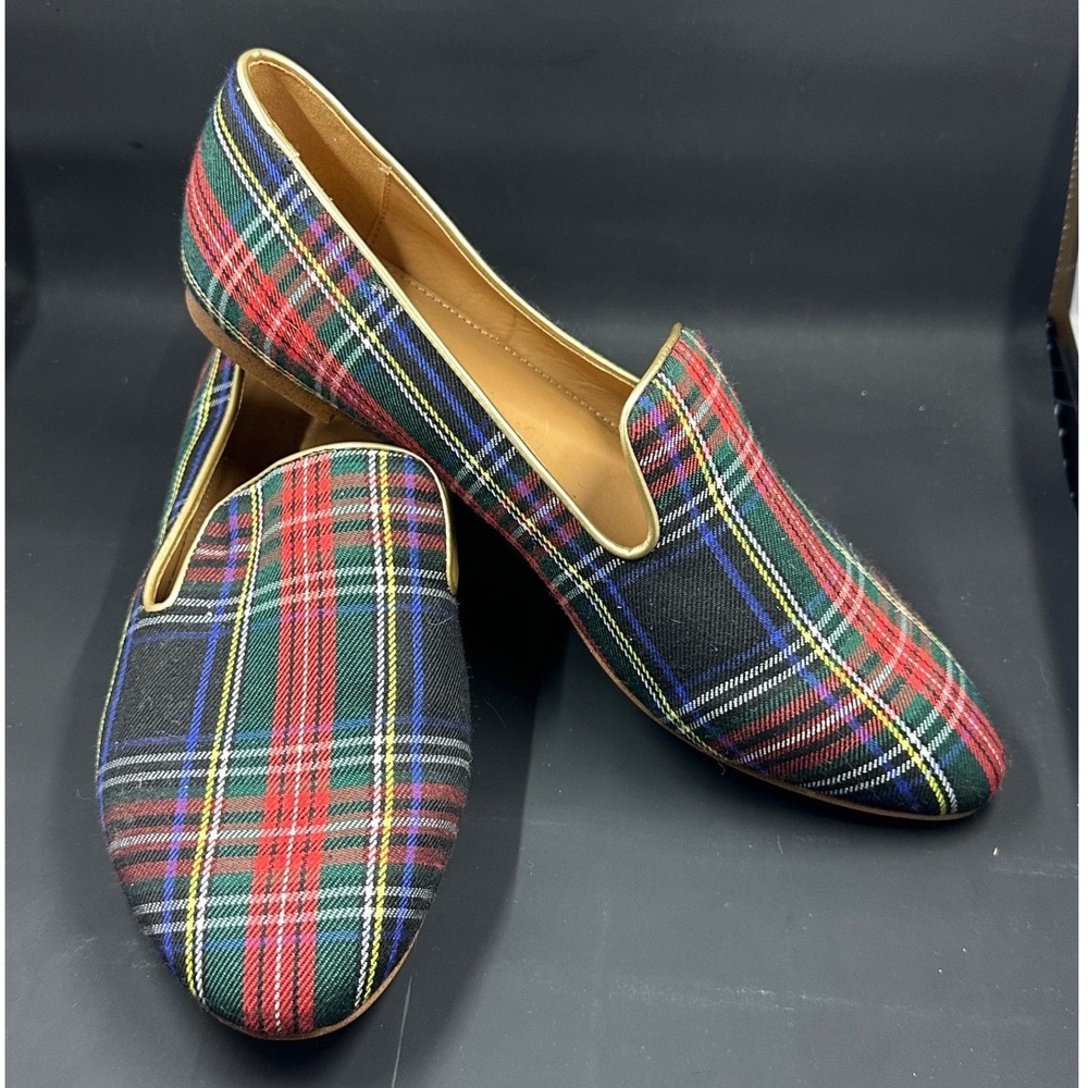 J.Crew Smoking Slippers Women 8.5 Multicolor Tartan Plaid Gold Trim Loafers